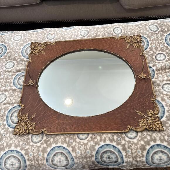 Late 1800’s Victorian Oak Wall Mirror Gold Embossed Floral Design W Hat Hooks